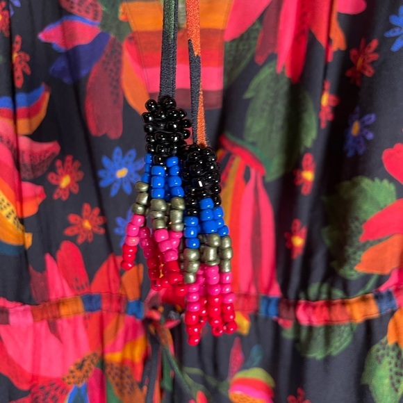 Farm Rio Black Banana Sky Mini Dress Sz S Puff Sleeve Tiered Flowy Beaded Beach - Picture 5 of 16